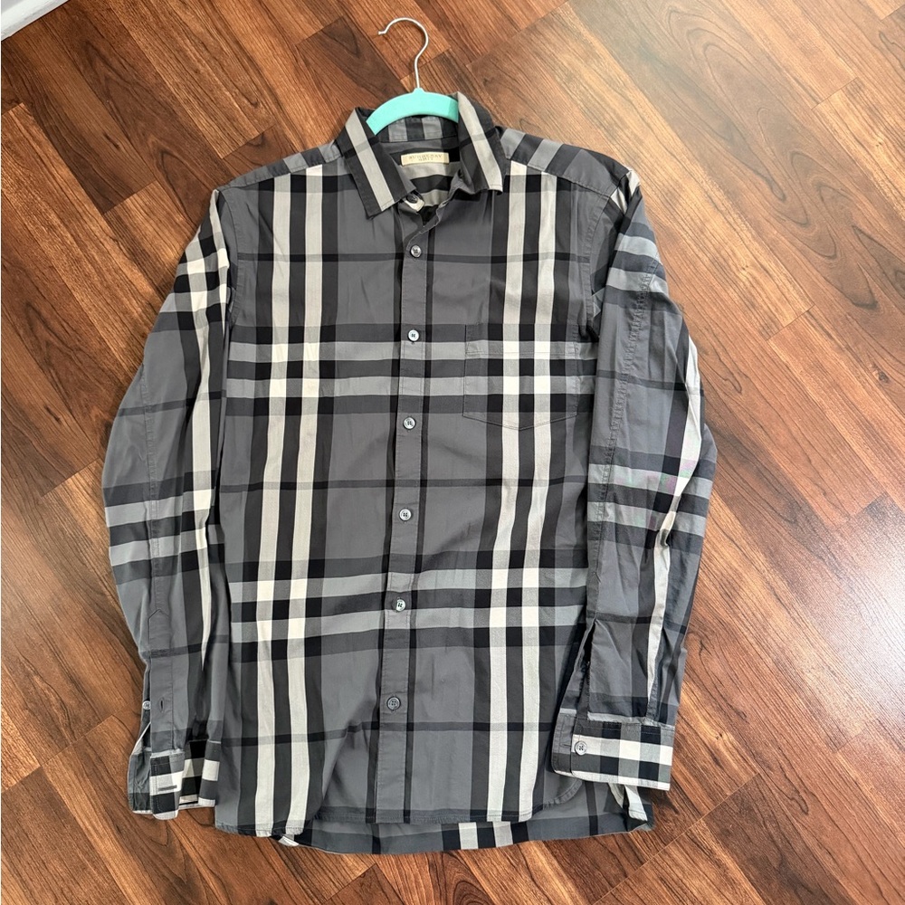 Burberry Black & Gray Plaid Cotton Button-Up Shirt